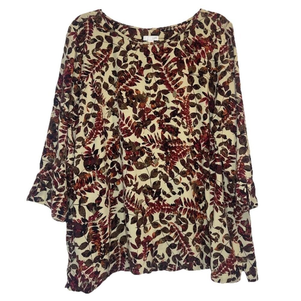 J. Jill Women’s Watercolor Leaf 3/4 Sleeve Back‎ Button Detail Blouse Top Sz XL